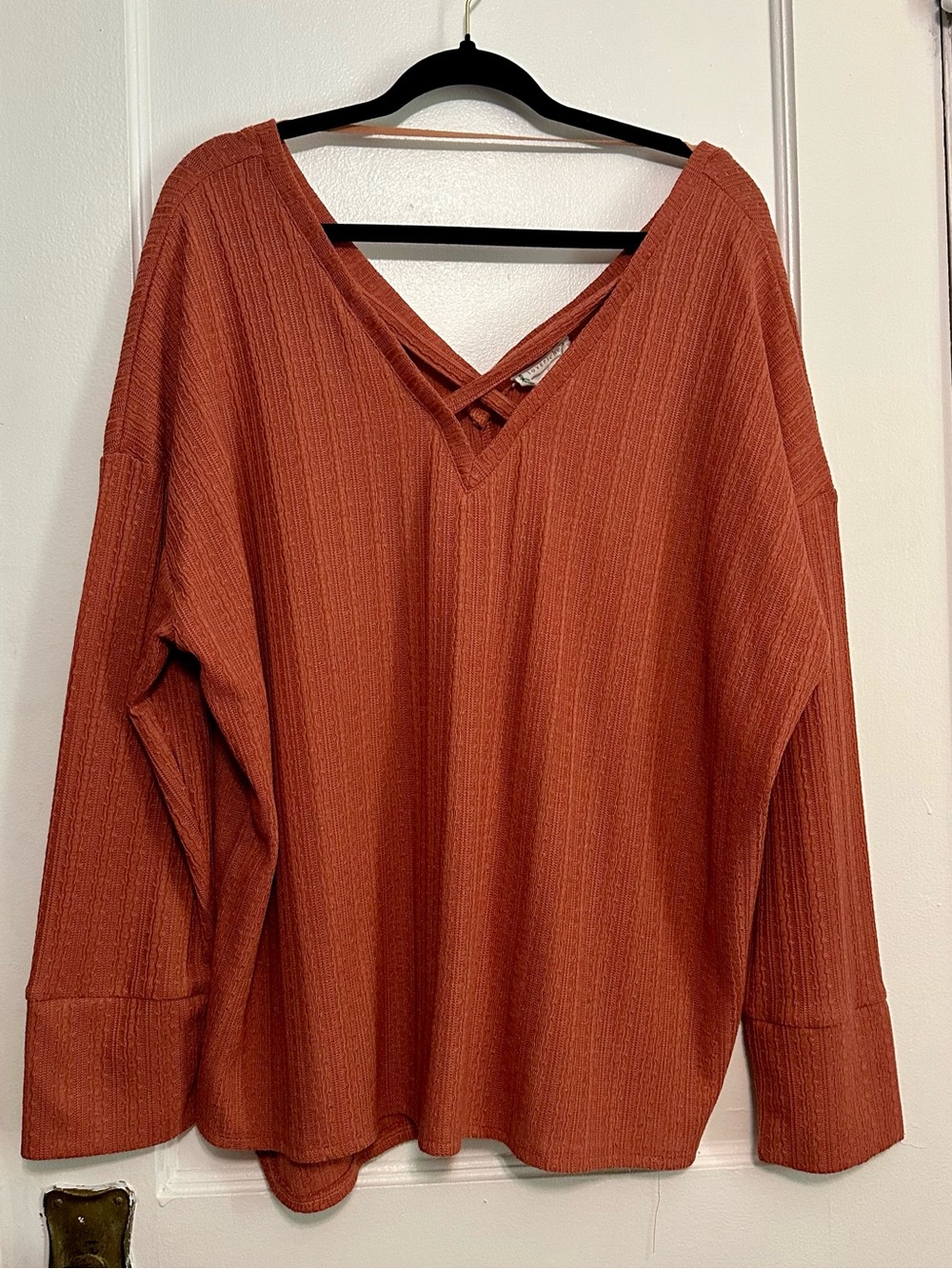 Love Riche V-Neck Cross-Back Ribbed Top in Terracotta (2X)